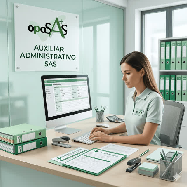 Vista editorial de OposAs para Auxiliar Administrativo del SAS en un entorno de trabajo de oficina