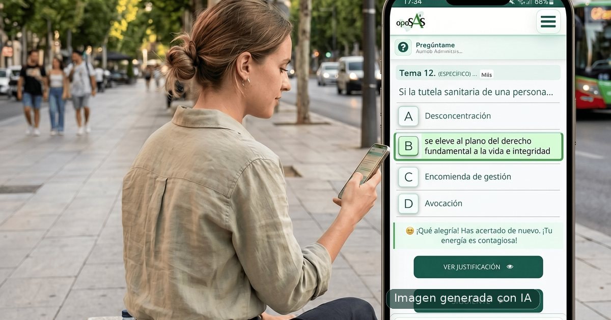 Persona resolviendo un test justificado de OposAs desde el móvil