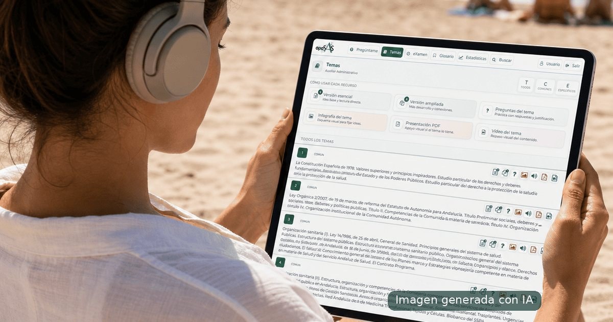 Persona consultando temas de OposAs desde una tablet en la playa