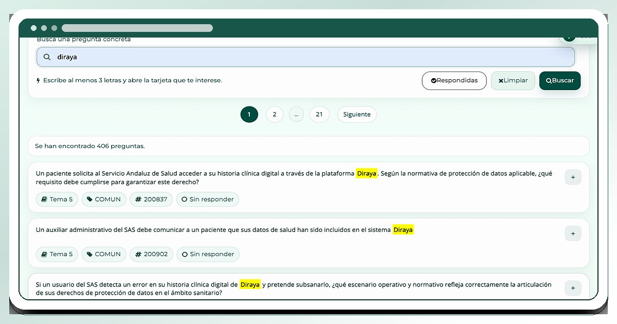 Resultados de búsqueda en OposAs con preguntas encontradas y opciones para revisar el contenido.