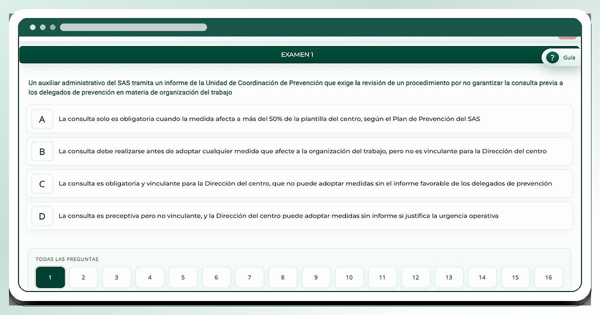 Simulacro de examen en OposAs con pregunta, opciones de respuesta y progreso de la prueba.