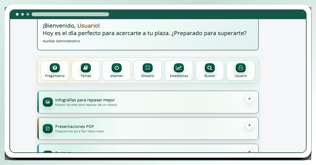 Pantalla principal de OposAs con accesos a temas, preguntas, examen, glosario, estadísticas y búsqueda.