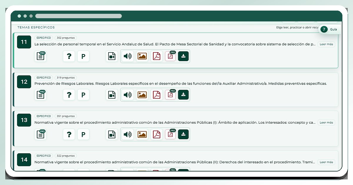 Pantalla de temas de OposAs con contenidos de estudio organizados para preparar la oposición.