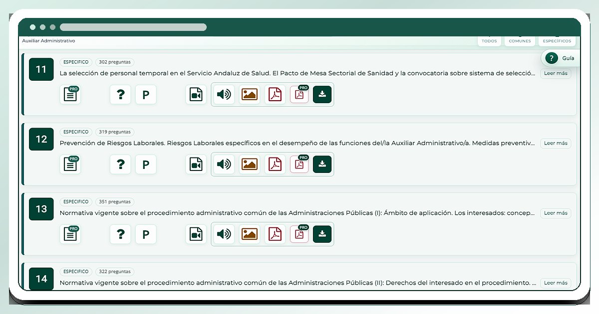 Pantalla de temas de OposAs con recursos de estudio, preguntas, podcast, infografía, PDF y descarga.